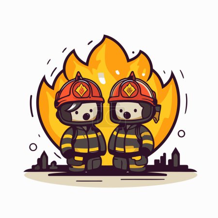 Téléchargez les illustrations : Pompiers dans l'incendie. Illustration vectorielle sur fond blanc. - en licence libre de droit