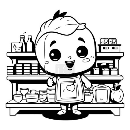 Ilustración de Ilustración de dibujos animados en blanco y negro de Little Boy en una tienda de comestibles - Imagen libre de derechos