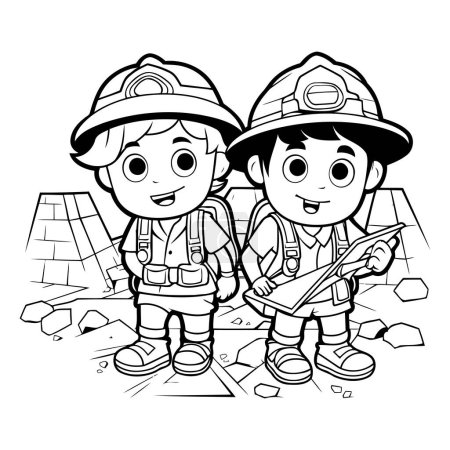 Ilustración de Bombero y bombero con una tableta. Libro para colorear. - Imagen libre de derechos