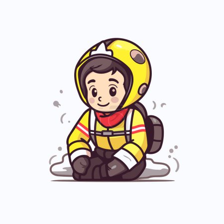 Illustration for Cute boy dressed as firefighter sitting on the ground. Vector illustration. - Royalty Free Image