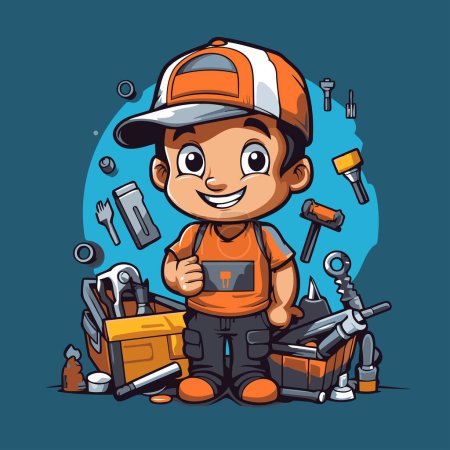 Illustration for Cute little handyman cartoon character with tools. Vector illustration. - Royalty Free Image