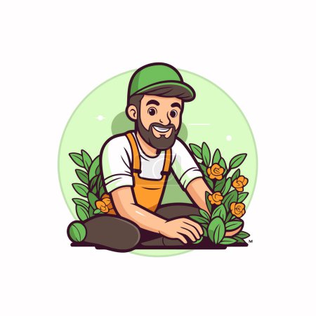 Téléchargez les illustrations : Jardinier aux fleurs. Illustration vectorielle en style dessin animé sur fond blanc. - en licence libre de droit