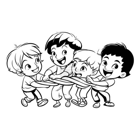 Illustration for Group of kids playing tug of war. black and white vector illustration - Royalty Free Image