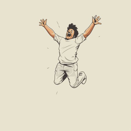 Téléchargez les illustrations : Illustration vectorielle d'un homme heureux sautant isolé sur fond blanc. Style dessiné à la main. - en licence libre de droit