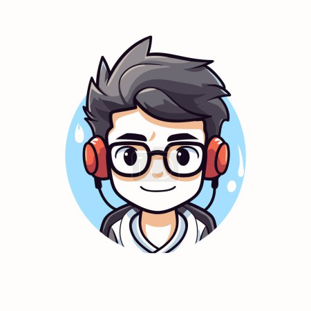 Illustration for Hipster boy with glasses and headphones. Vector illustration in cartoon style. - Royalty Free Image