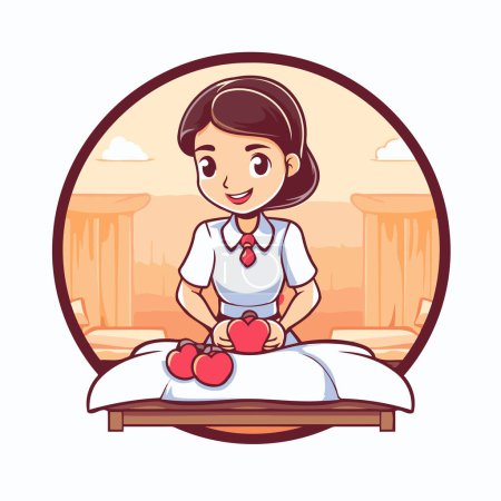Illustration for Girl with red heart on the bed. Vector illustration in cartoon style. - Royalty Free Image
