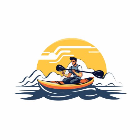 Illustration for Man paddling a kayak on the sunset. Vector illustration. - Royalty Free Image