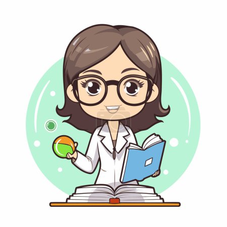 Illustration for Vector illustration of a cute schoolgirl in glasses holding a book and a globe - Royalty Free Image