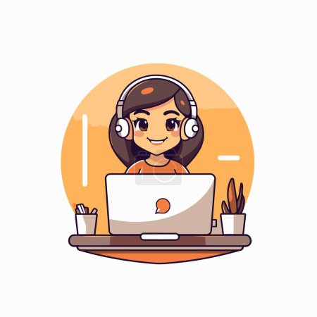 Girl in headphones using laptop at home. Flat style vector illustration.