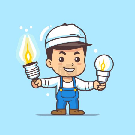 Illustration for Cartoon mechanic holding light bulb. Cute character design. Vector illustration - Royalty Free Image
