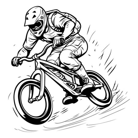 Illustration for Vector illustration of a biker on a mountain bike in action. - Royalty Free Image
