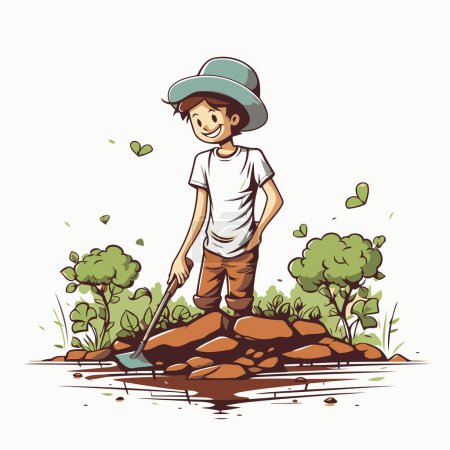 Illustration for Vector illustration of a boy with a shovel on a stone in the garden. - Royalty Free Image