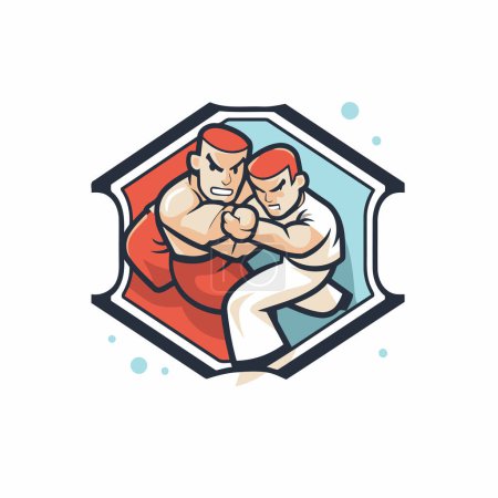 Illustration von zwei Judo-Kämpfern, die von der Front aus kämpfen, innerhalb des Sechsecks auf isoliertem Hintergrund im Retro-Stil.