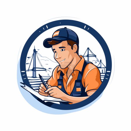 Illustration for Vector illustration of a seaman with clipboard and ship in the background - Royalty Free Image