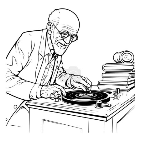 Illustration for Elderly man playing vinyl record. Black and white vector illustration. - Royalty Free Image