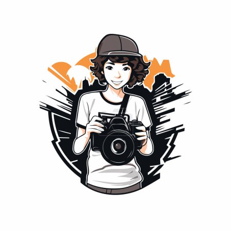 Illustration for Illustration of a female photographer holding a camera set inside circle done in retro style. - Royalty Free Image