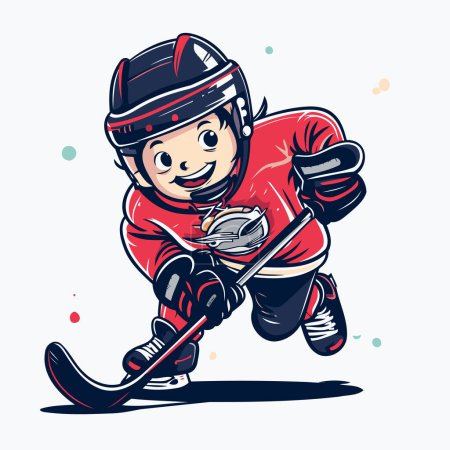 Illustration for Cute cartoon hockey player with the stick and puck. Vector illustration. - Royalty Free Image