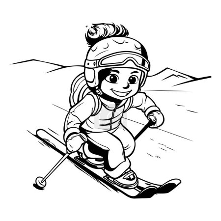 Téléchargez les illustrations : Skiing boy - illustration vectorielle en noir et blanc pour livre à colorier - en licence libre de droit