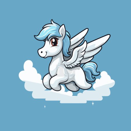 Téléchargez les illustrations : Mignon pegasus dessin animé volant dans les nuages. Illustration vectorielle - en licence libre de droit