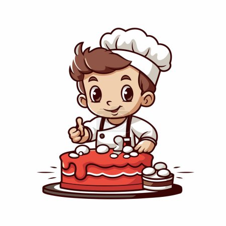 Téléchargez les illustrations : Chef garçon mignon avec gâteau isolé sur fond blanc. Illustration vectorielle. - en licence libre de droit