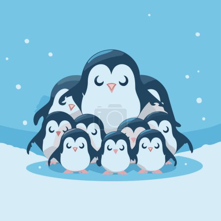 Téléchargez les illustrations : Groupe de pingouins dans la neige. Illustration vectorielle dessin animé mignon. - en licence libre de droit