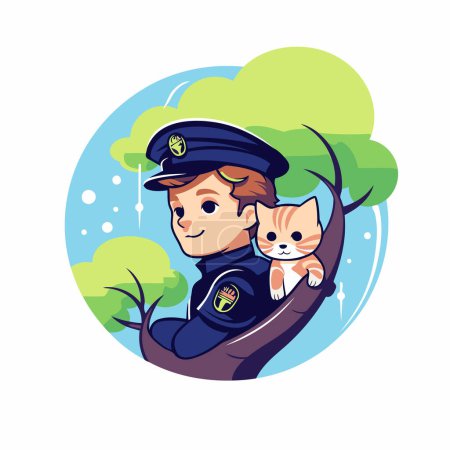 Illustration for Policeman with a cat in a tree. Vector illustration. - Royalty Free Image