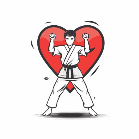 Illustration for Karate man with a red heart. Vector illustration on white background. - Royalty Free Image