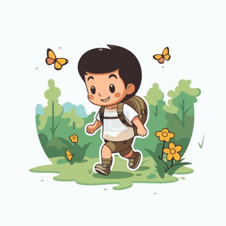 Téléchargez les illustrations : Joli garçon courant dans le parc avec des papillons. Illustration vectorielle. - en licence libre de droit