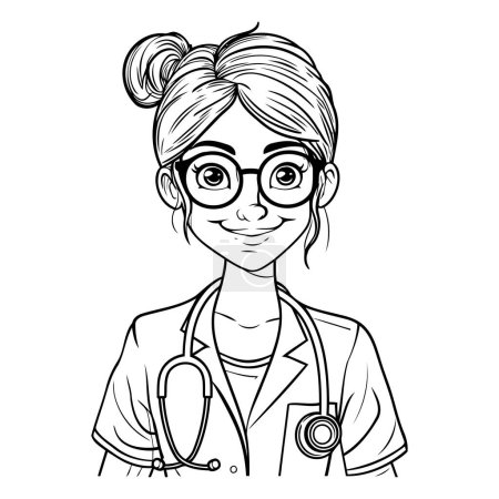 Téléchargez les illustrations : Médecin femme avec stéthoscope et lunettes dessin animé vecteur illustration conception graphique - en licence libre de droit
