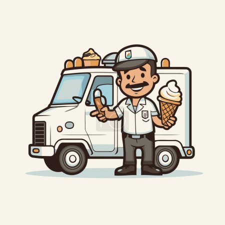 Téléchargez les illustrations : Livreur avec camion de crème glacée dessin animé vectoriel eps 10 - en licence libre de droit