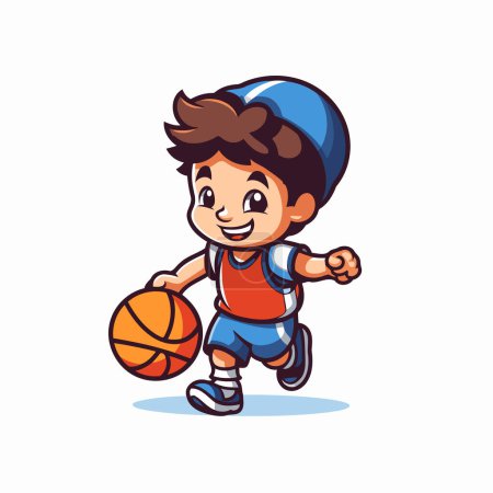 Illustration for Little boy playing basketball cartoon character vector Illustration on a white background - Royalty Free Image