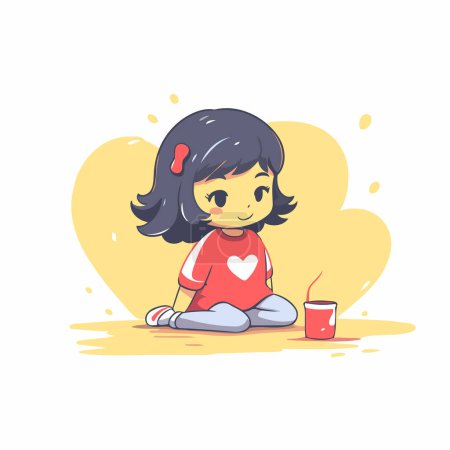 Ilustración de Linda niña sentada en el suelo y bebiendo café. Ilustración vectorial. - Imagen libre de derechos