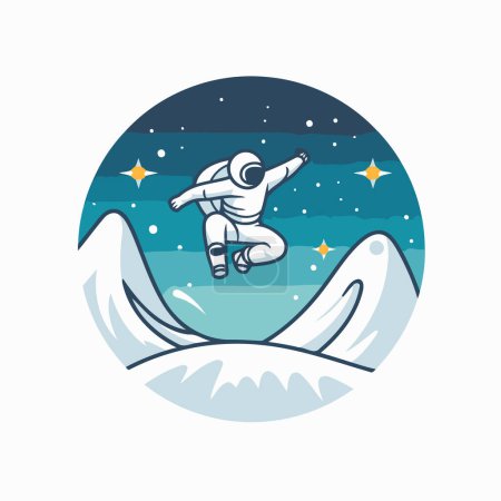 Téléchargez les illustrations : Un astronaute volant sur une vague. Illustration vectorielle dans le style dessin animé - en licence libre de droit