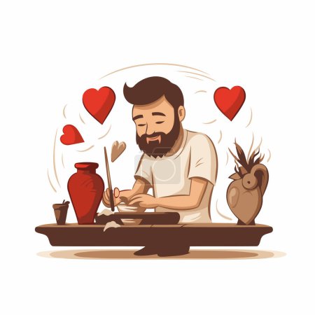Illustration for Vector illustration of a man making ceramic vase with red hearts. - Royalty Free Image