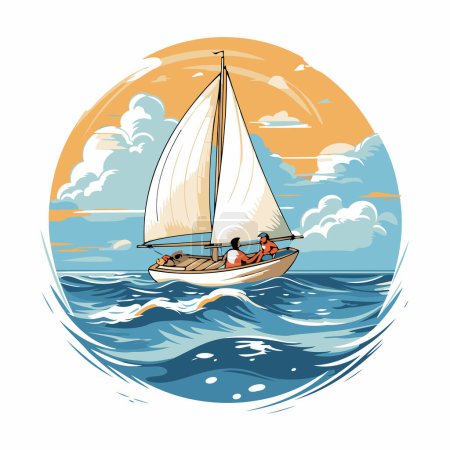 Téléchargez les illustrations : Voilier sur la mer. Illustration vectorielle dans le style dessin animé. - en licence libre de droit