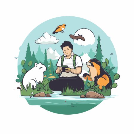 Ilustración de Ilustración vectorial de un hombre con un perro y un ave en el bosque. - Imagen libre de derechos