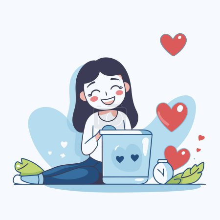 Ilustración de Chica usando computadora portátil con corazones alrededor. Ilustración vectorial en estilo de dibujos animados. - Imagen libre de derechos