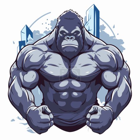 Illustration for Vector illustration of a strong gorilla bodybuilder on a city background. - Royalty Free Image