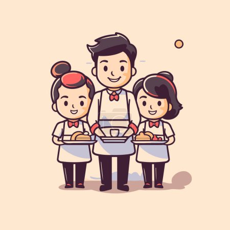 Téléchargez les illustrations : Mignon dessin animé cuisine familiale dans la cuisine. Illustration vectorielle pour votre design - en licence libre de droit