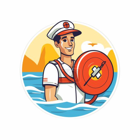 Ilustración de Ilustración vectorial de un marinero con un escudo en la mano sobre un fondo marino - Imagen libre de derechos