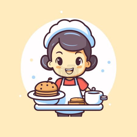 Illustration for Cute little chef girl holding a plate of pancakes. Vector illustration. - Royalty Free Image