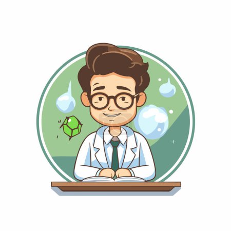 Illustration for Cute boy in lab coat and glasses reading a book. Vector illustration. - Royalty Free Image