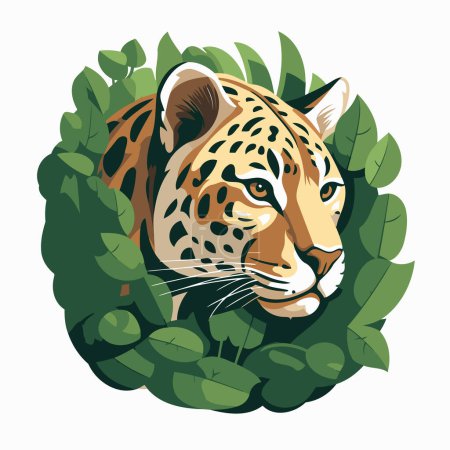 Ilustración de Cabeza de jaguar con hojas. Ilustración vectorial en estilo de dibujos animados. - Imagen libre de derechos