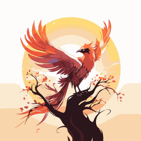 Illustration for Vector illustration of a bird on a tree with sun in the background - Royalty Free Image