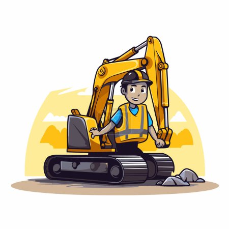 Illustration for Cartoon construction worker with excavator. Vector illustration on white background. - Royalty Free Image