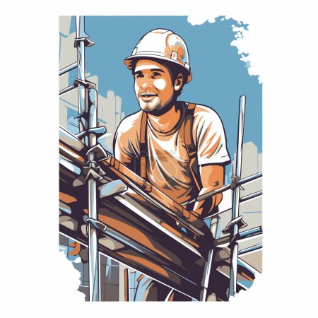 Illustration for Worker on a construction site. Vector illustration in retro style. - Royalty Free Image