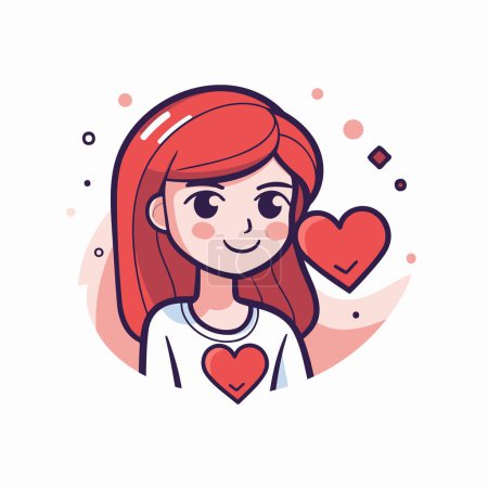 Téléchargez les illustrations : Jeune femme aux cheveux roux et au cœur. Illustration vectorielle dessin animé mignon. - en licence libre de droit