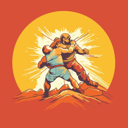 Illustration for Kung fu master on the top of the mountain. Vector illustration - Royalty Free Image