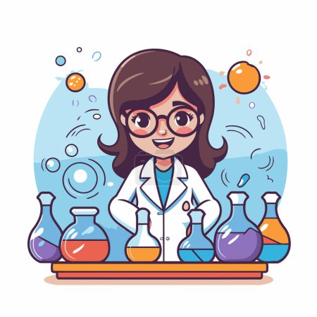 Illustration for Scientist woman cartoon character with chemical flasks. Vector illustration. - Royalty Free Image