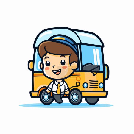 Illustration for Cute schoolboy riding a school bus. Vector cartoon illustration. - Royalty Free Image